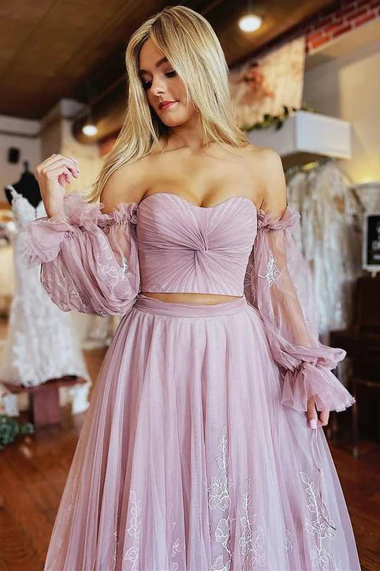 Vestido de fiesta de dos piezas, corte A, sin tirantes y con mangas